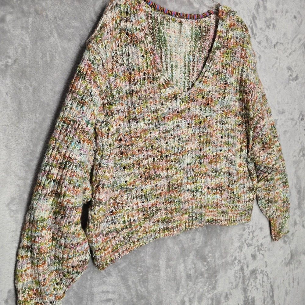 Free People Sweater Women S Multicolor V-Neck Oversized Chunky Knit Boho Earthy - Picture 13 of 16